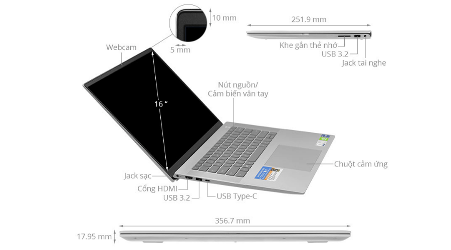 Laptop Dell Core i7 Inspiron 16 5620 (16GB/512GB SSD/2GB) Win 11 N6I7000W1